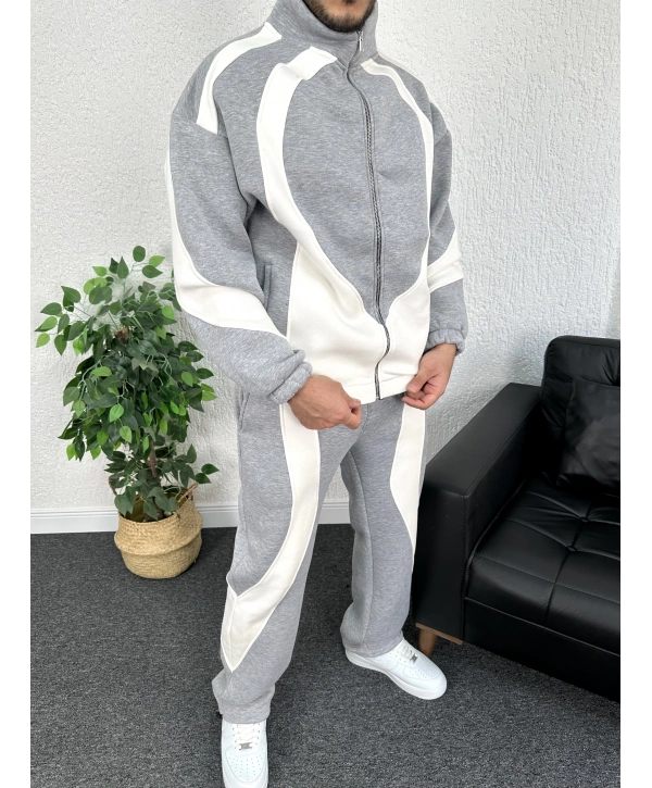 Gri Üç İplik Şardonlu Parçalı Eşofman Takımı