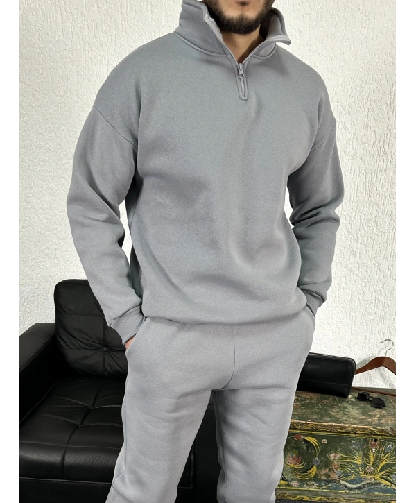 Gri Üç İplik Yarım Fermuarlı Sweat