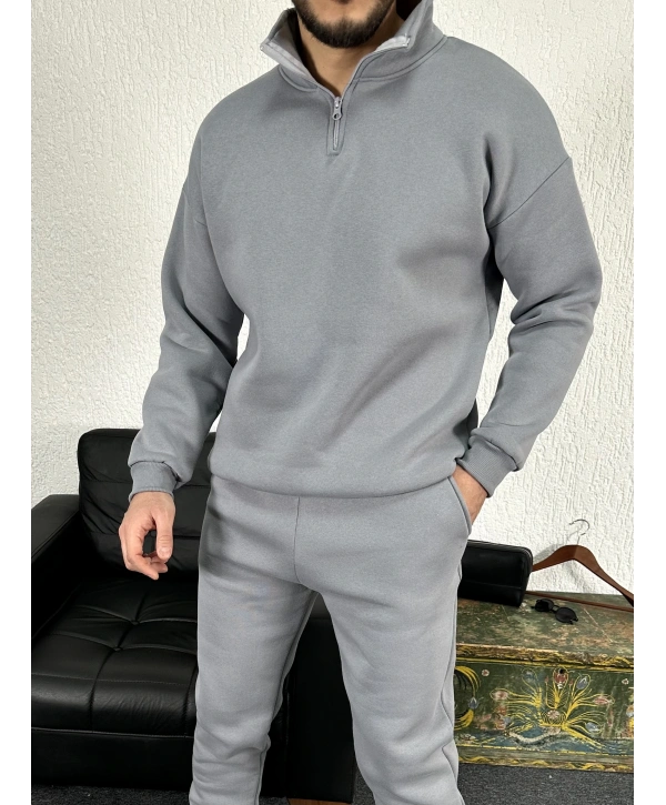 Gri Üç İplik Yarım Fermuarlı Sweat
