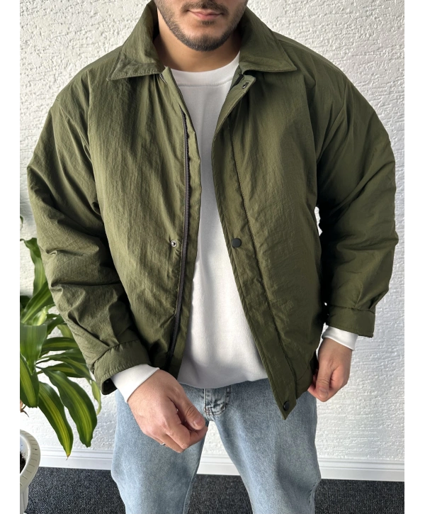 Haki Erkek Oversize Krinkıl Bomber Ceket