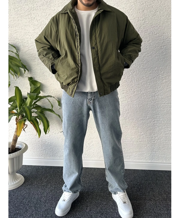 Haki Erkek Oversize Krinkıl Bomber Ceket
