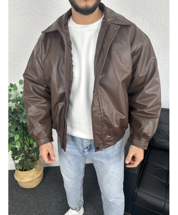 Kahverengi Bomber Oversize Deri Ceket