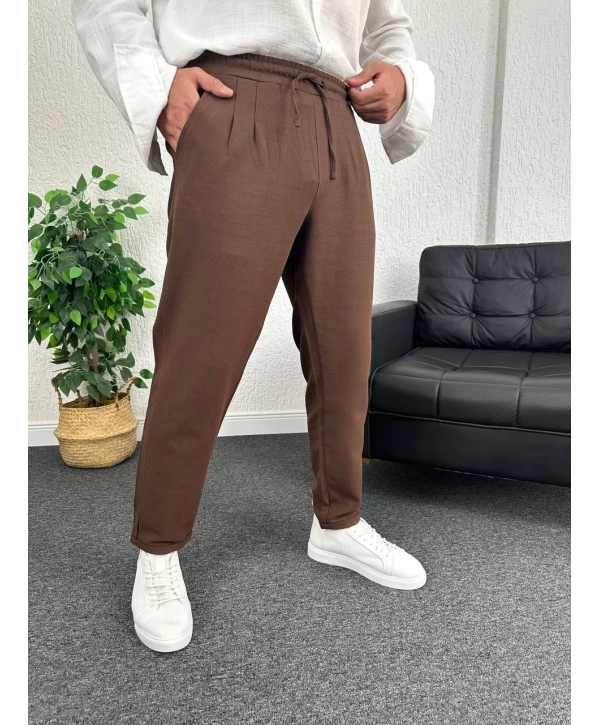Kahverengi Duble Paça Pileli Ham Keten Pantolon