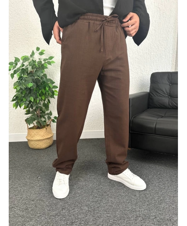 Kahverengi Ham Keten Baggy Pantolon
