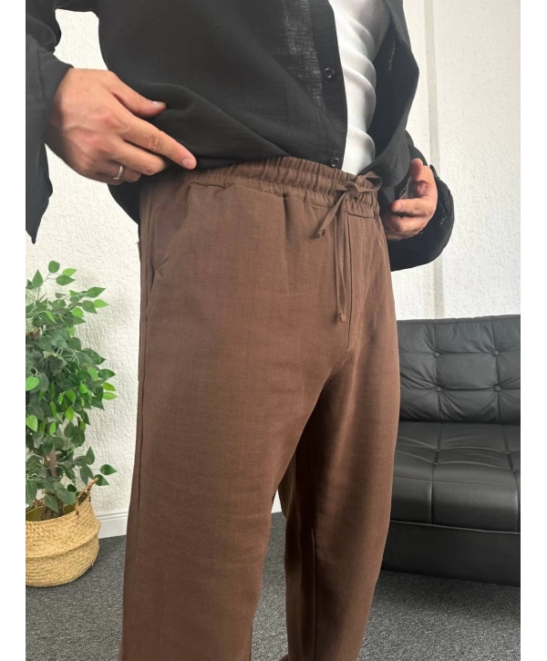 Kahverengi Ham Keten Baggy Pantolon