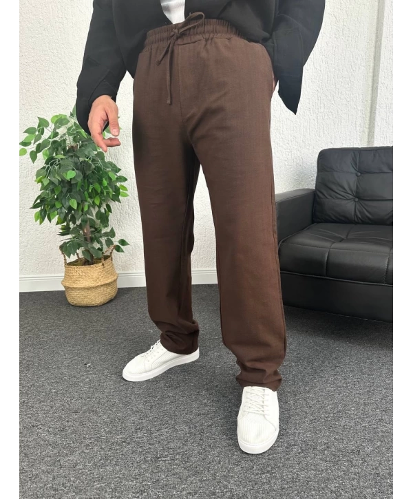 Kahverengi Ham Keten Baggy Pantolon