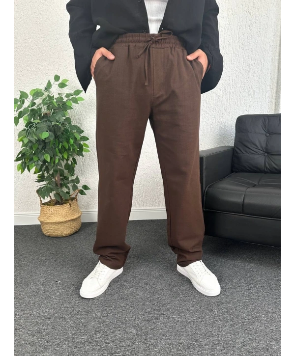 Kahverengi Ham Keten Baggy Pantolon