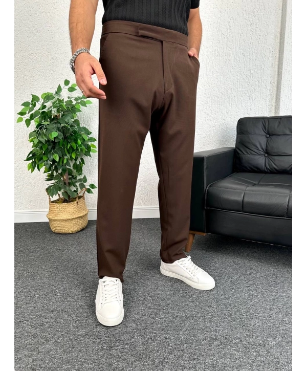 Kahverengi İtalyan Kesim Düğmesiz Kumaş Pantolon