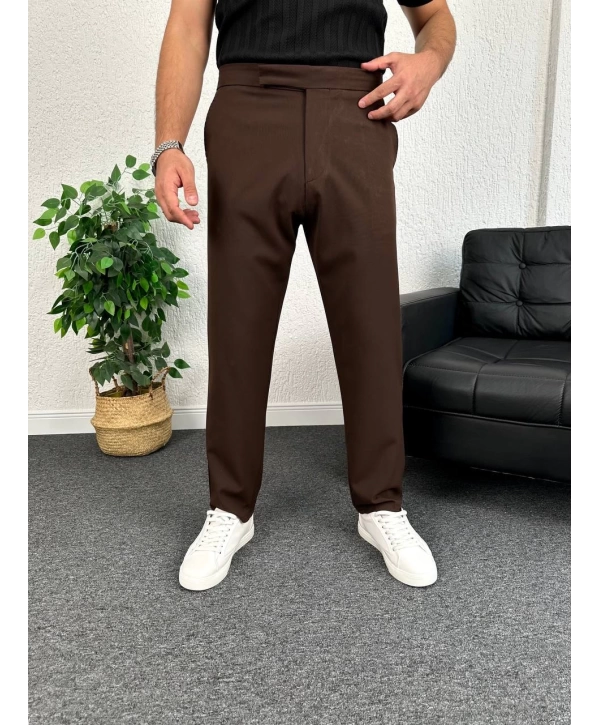 Kahverengi İtalyan Kesim Düğmesiz Kumaş Pantolon