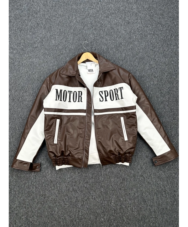 Kahverengi Nakış Detaylı Astarlı Deri Ceket