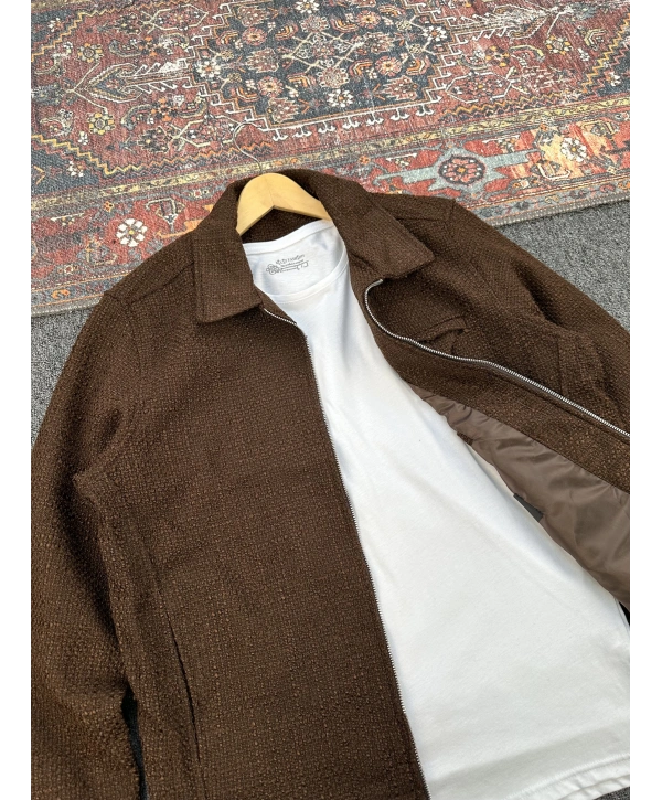 Kahverengi Örme Hasır Kumaş Ceket