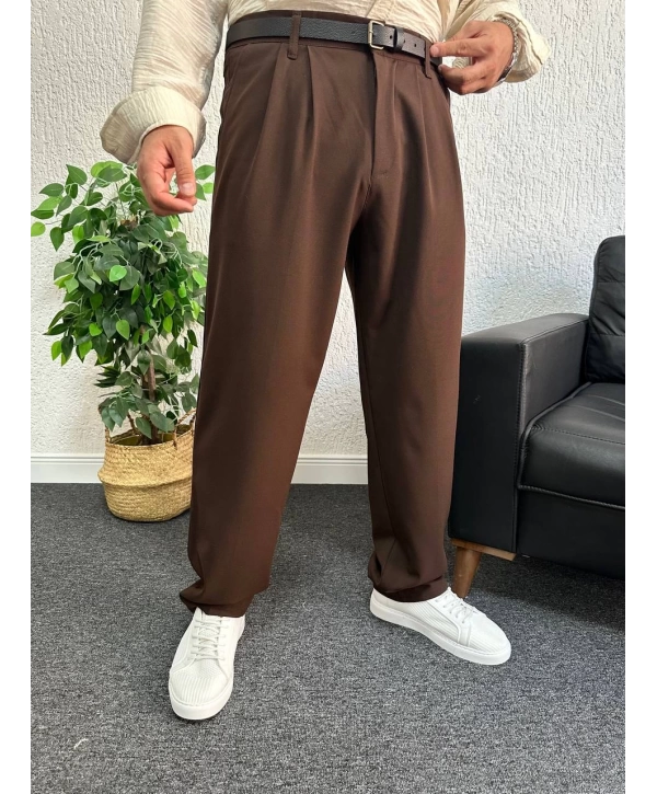 Kahverengi Pileli Kumaş Baggy Pantolon