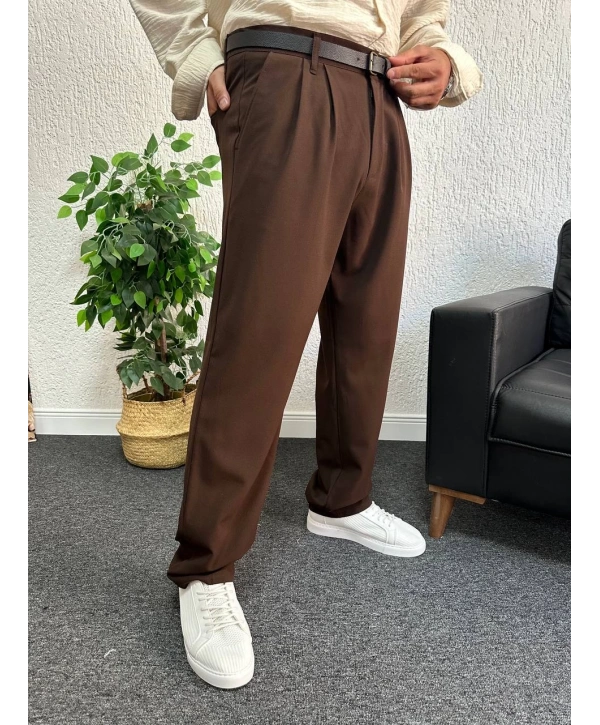 Kahverengi Pileli Kumaş Baggy Pantolon