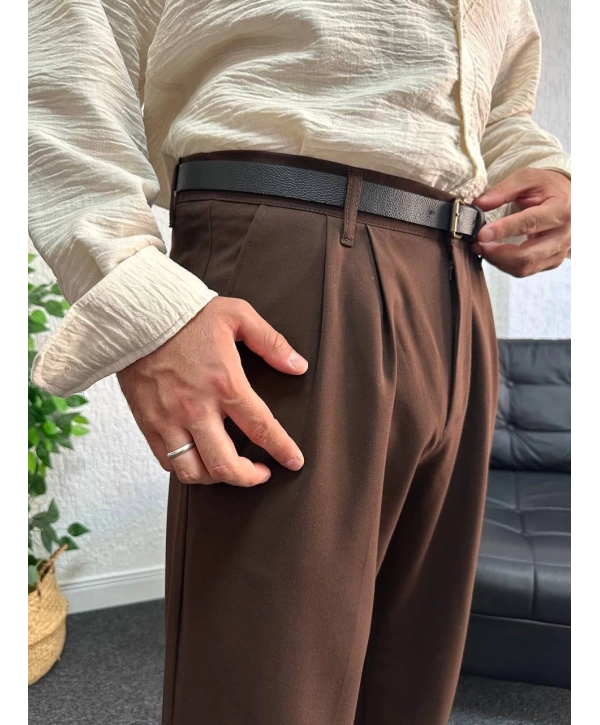 Kahverengi Pileli Kumaş Baggy Pantolon