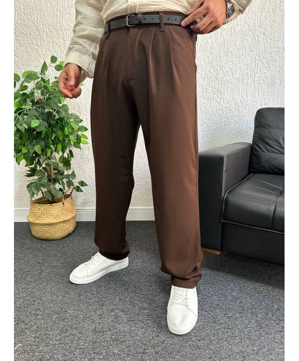 Kahverengi Pileli Kumaş Baggy Pantolon