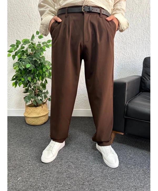 Kahverengi Pileli Kumaş Baggy Pantolon