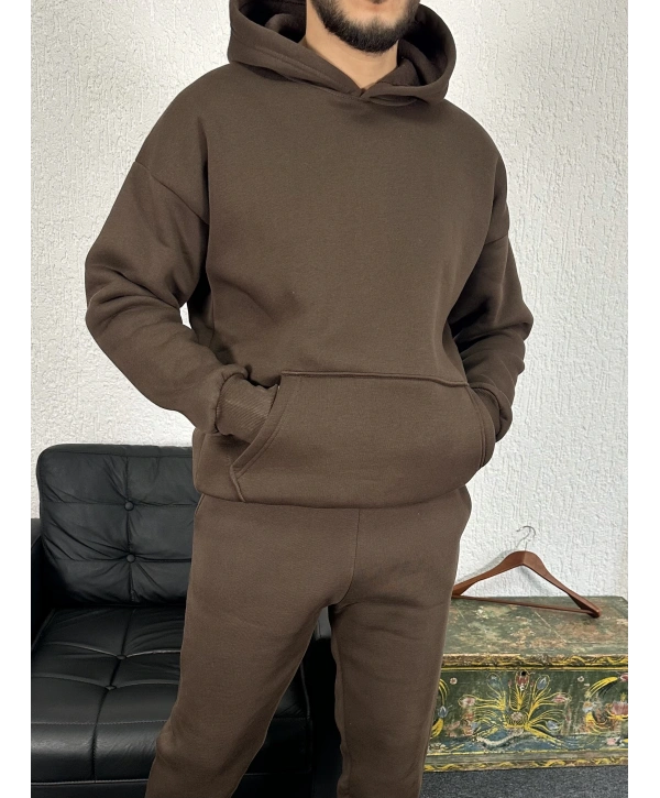 Kahverengi Üç İplik Kapüşonlu Sweat
