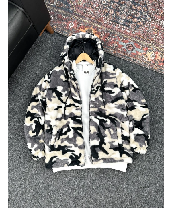 Kamuflaj Desen Detaylı Peluş Ceket