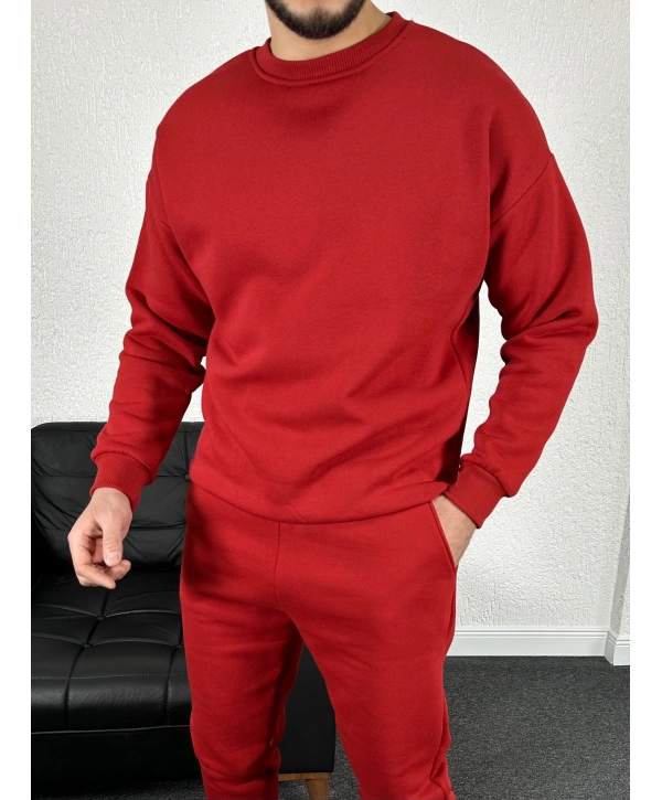 Kırmızı Üç İplik Bisiklet Yaka Sweat