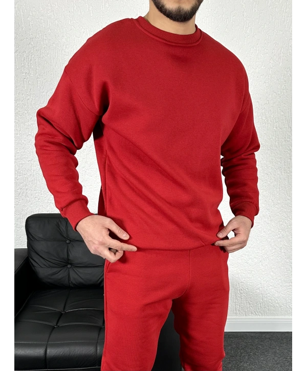 Kırmızı Üç İplik Bisiklet Yaka Sweat