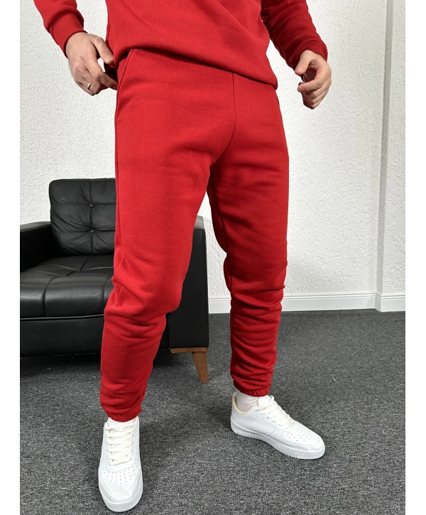 Kırmızı Üç İplik Şardonlu Basic İçi Polarlı Eşofman Altı