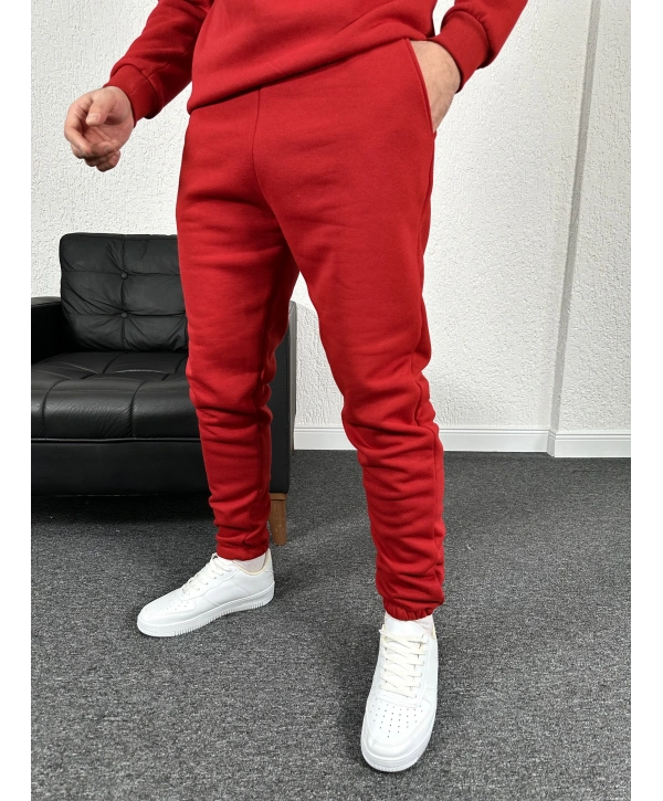 Kırmızı Üç İplik Şardonlu Basic İçi Polarlı Eşofman Altı