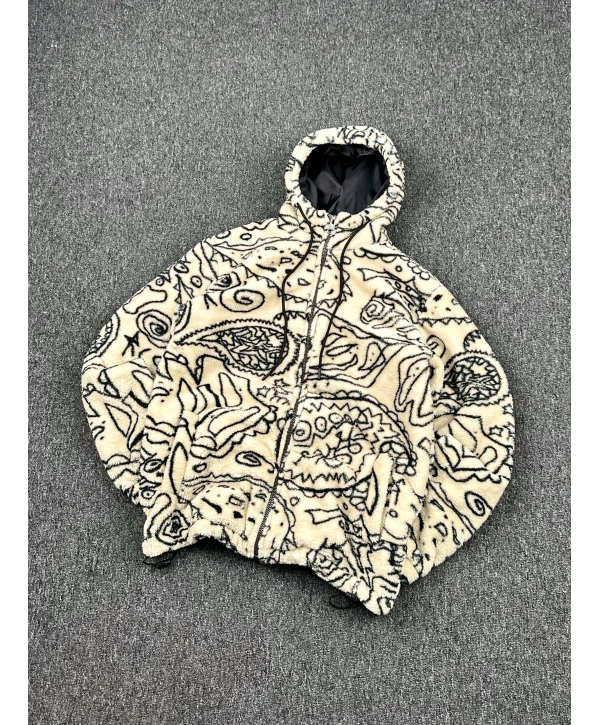 Krem Desen Detaylı Peluş Ceket