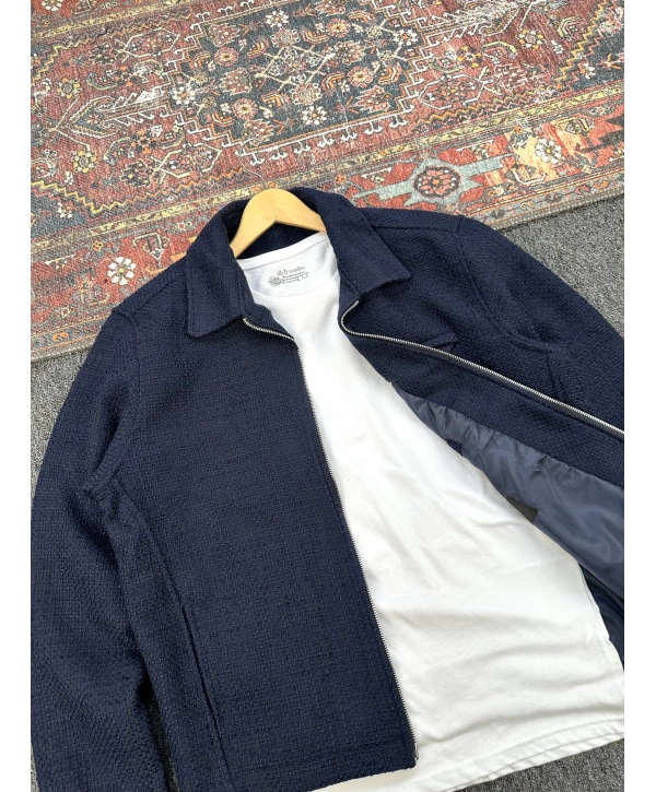 Lacivert Örme Hasır Kumaş Ceket