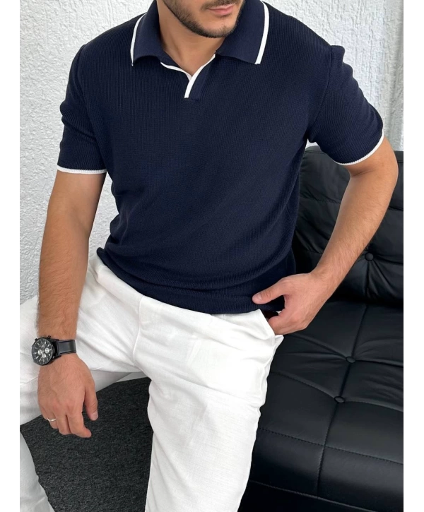 Lacivert Örme Kumaş Şeritli Apaç Yaka Tişört