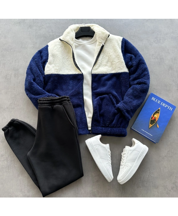 Lacivert Parçalı Peluş Ceket & Üç İplik Siyah Eşofman Altı Kombini