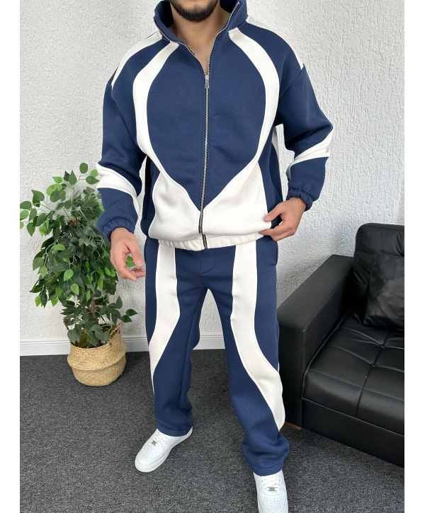 Lacivert Üç İplik Şardonlu Parçalı Eşofman Takımı