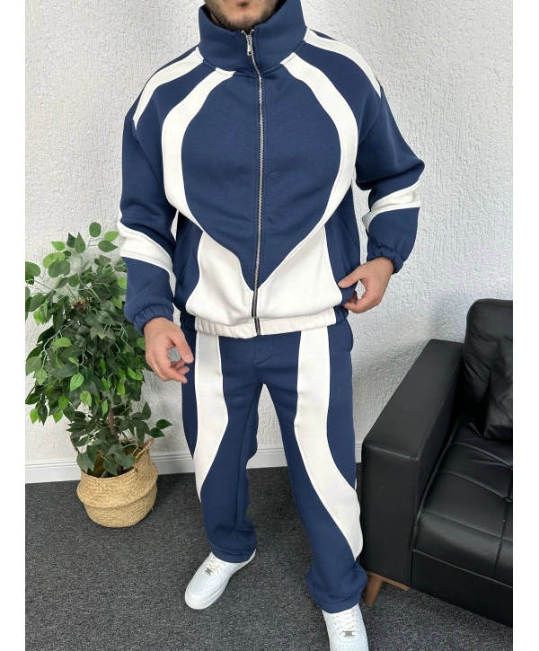 Lacivert Üç İplik Şardonlu Parçalı Eşofman Takımı