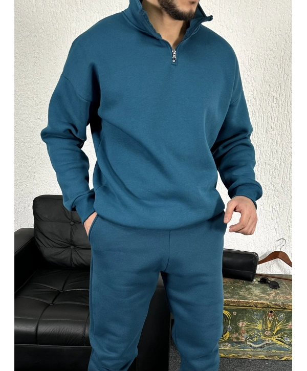 Lacivert Üç İplik Yarım Fermuarlı Sweat