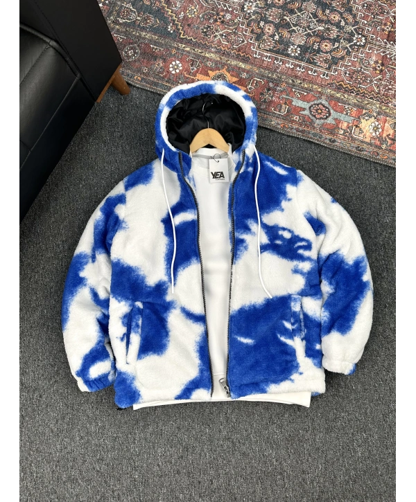 Mavi Desen Detaylı Peluş Ceket