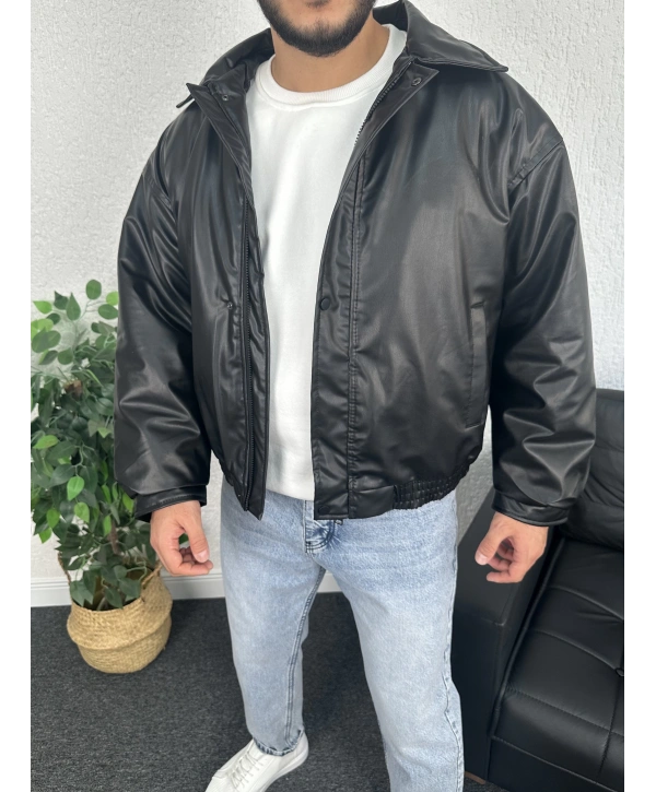 Siyah Bomber Oversize Deri Ceket
