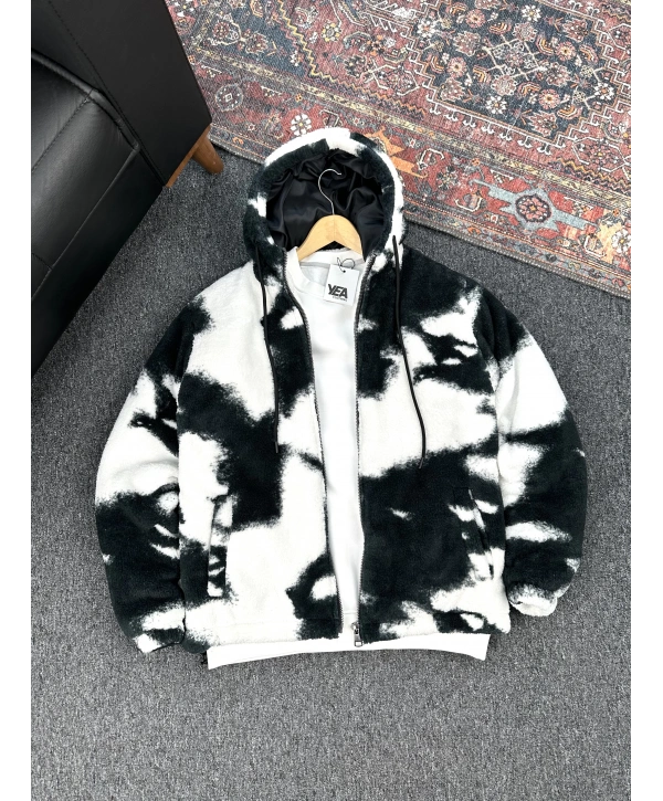 Siyah Desen Detaylı Peluş Ceket