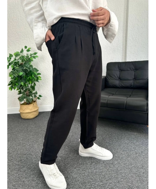 Siyah Duble Paça Pileli Ham Keten Pantolon
