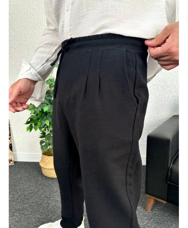 Siyah Duble Paça Pileli Ham Keten Pantolon