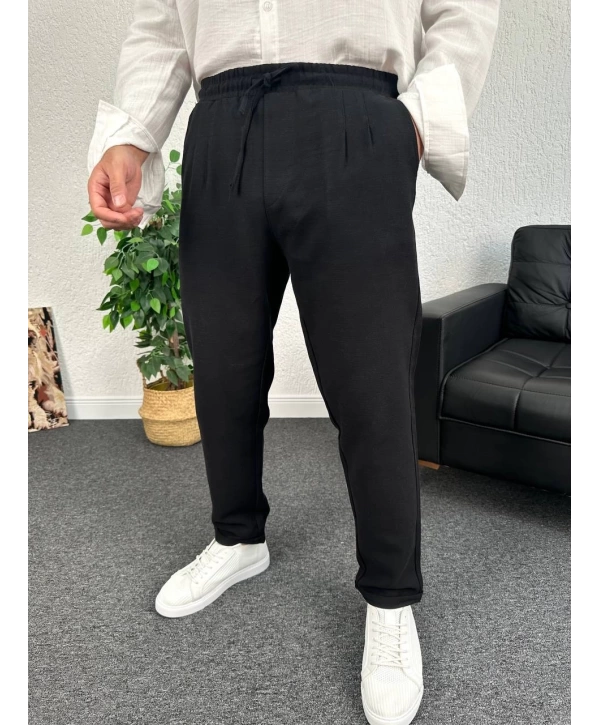 Siyah Duble Paça Pileli Ham Keten Pantolon