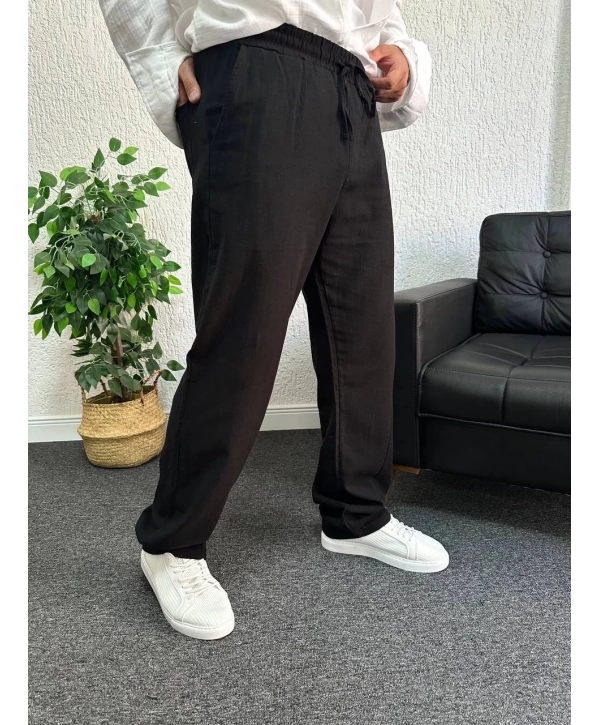 Siyah Ham Keten Baggy Pantolon