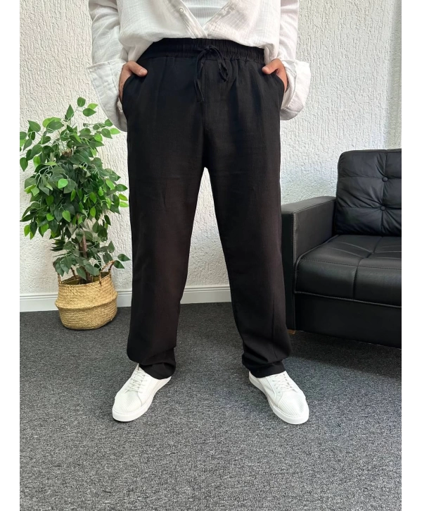 Siyah Ham Keten Baggy Pantolon