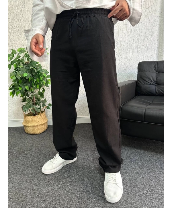 Siyah Ham Keten Baggy Pantolon
