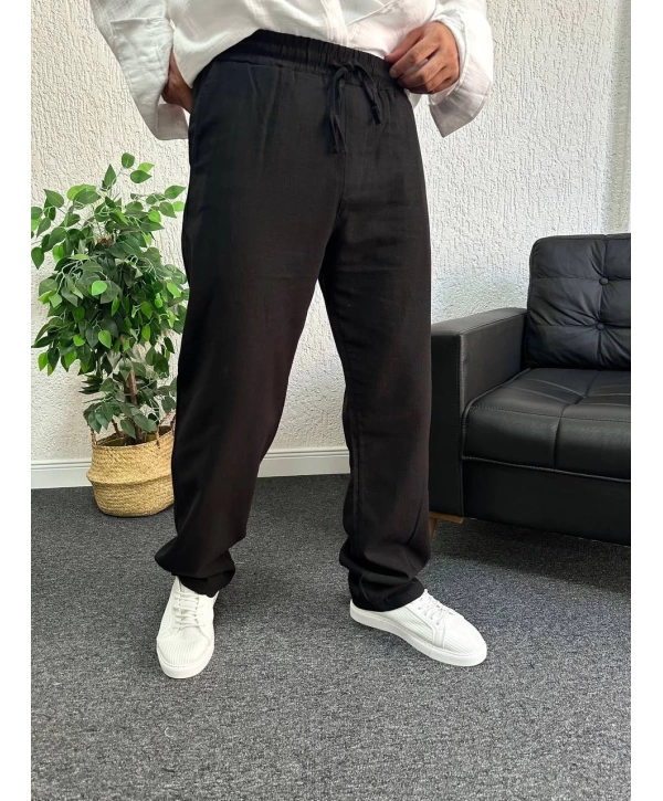 Siyah Ham Keten Baggy Pantolon