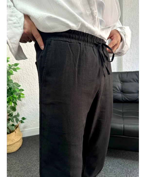 Siyah Ham Keten Baggy Pantolon
