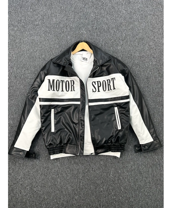 Siyah Nakış Detaylı Astarlı Deri Ceket