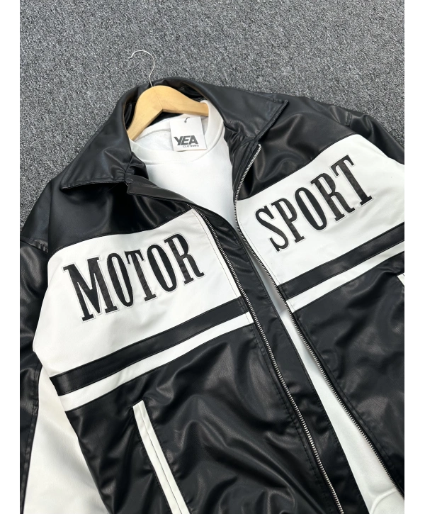 Siyah Nakış Detaylı Astarlı Deri Ceket