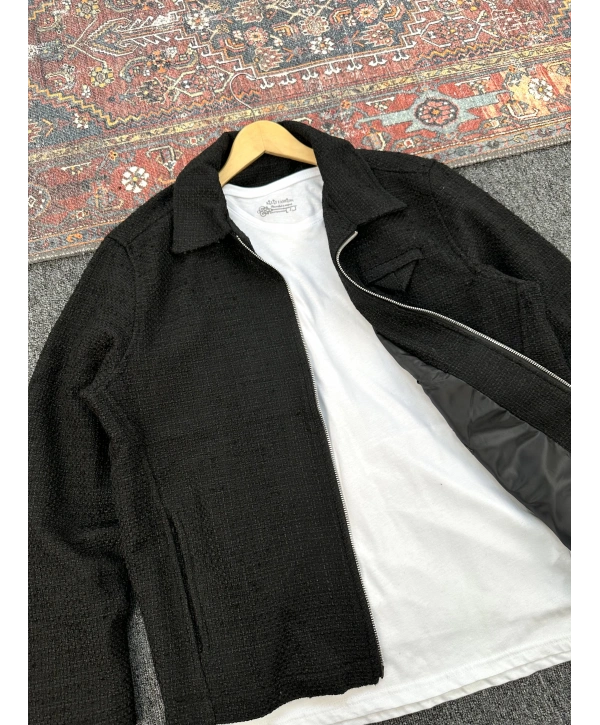 Siyah Örme Hasır Kumaş Ceket