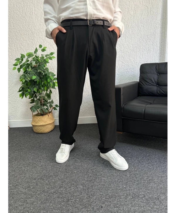 Siyah Pileli Kumaş Baggy Pantolon