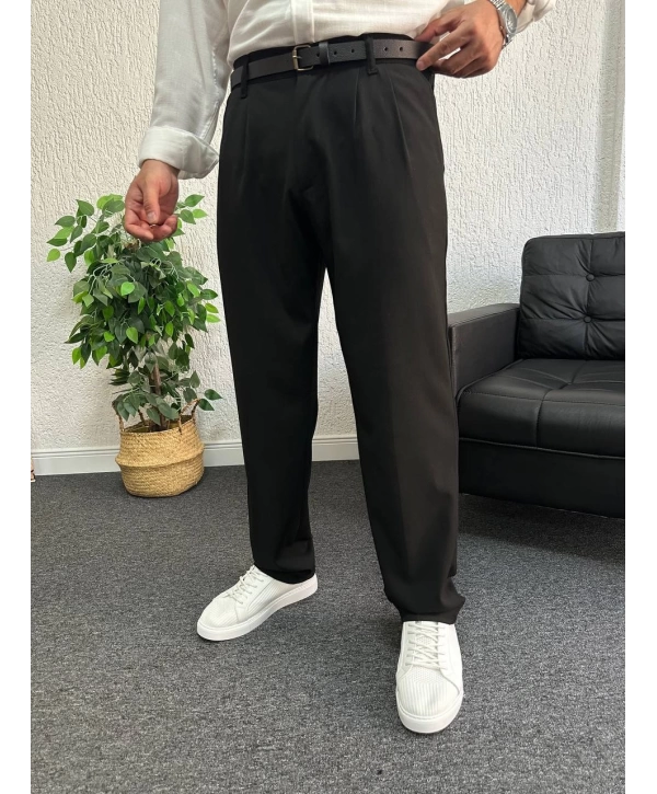 Siyah Pileli Kumaş Baggy Pantolon