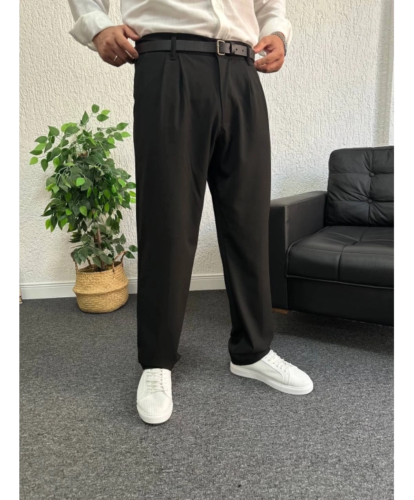 Siyah Pileli Kumaş Baggy Pantolon